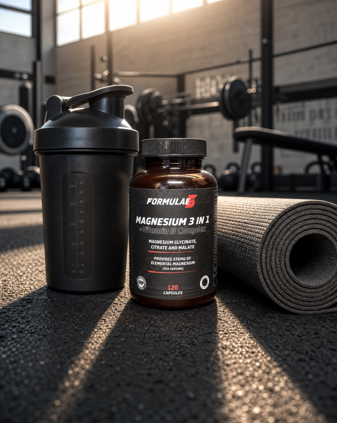Athletic supplements - magnesium 3-in-1 beside a gym shaker