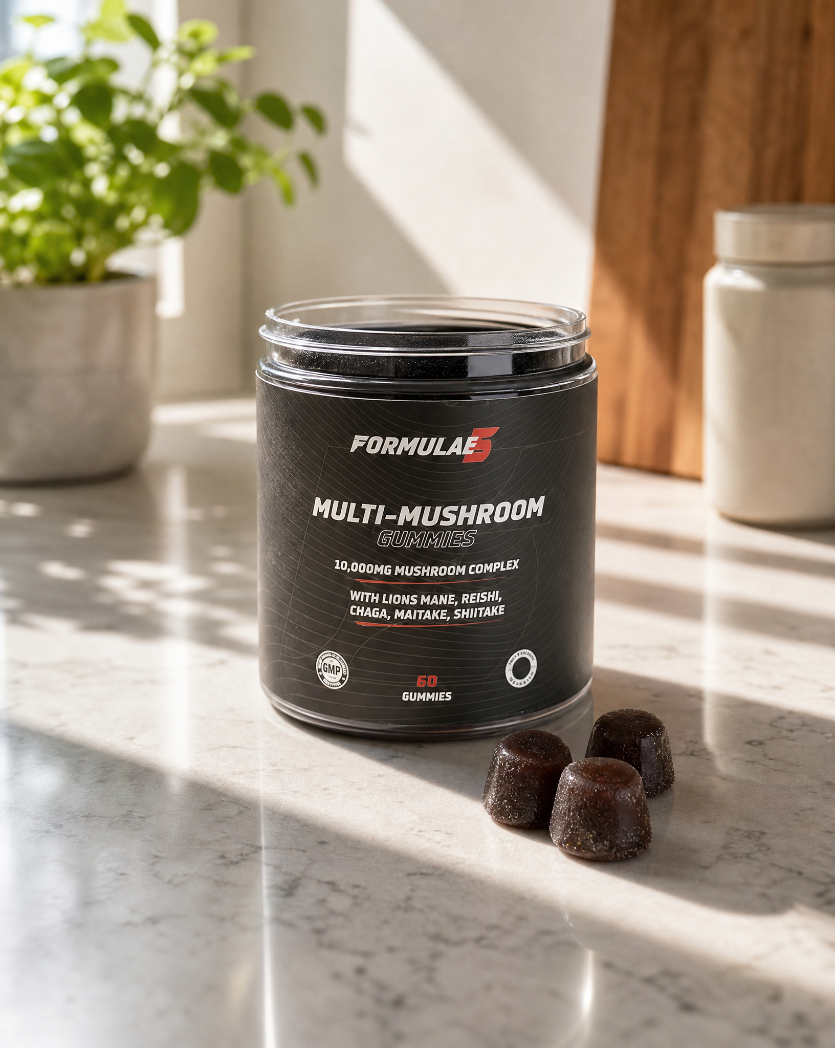 Multi-mushroom gummies jar on a kitchen counter